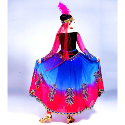 Women's chinese folk dance costumes ancient traditional xinjiang minority belly dance dresses